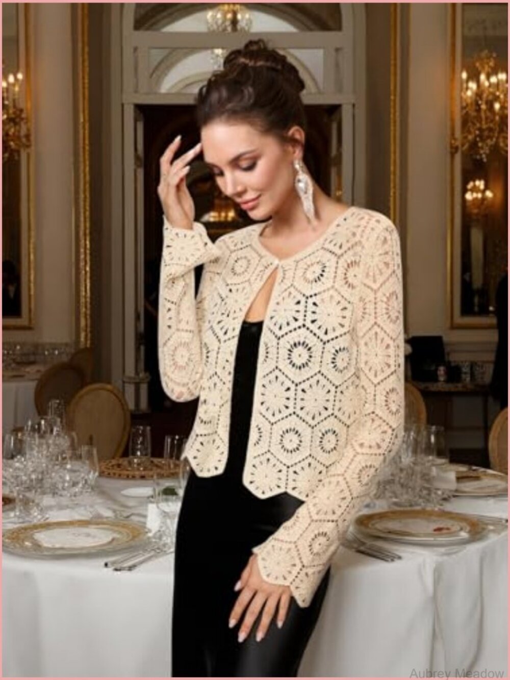 Women's Crochet Cardigan One-Button Cropped Hollow Out Knit Shrug - Picture 4 of 7